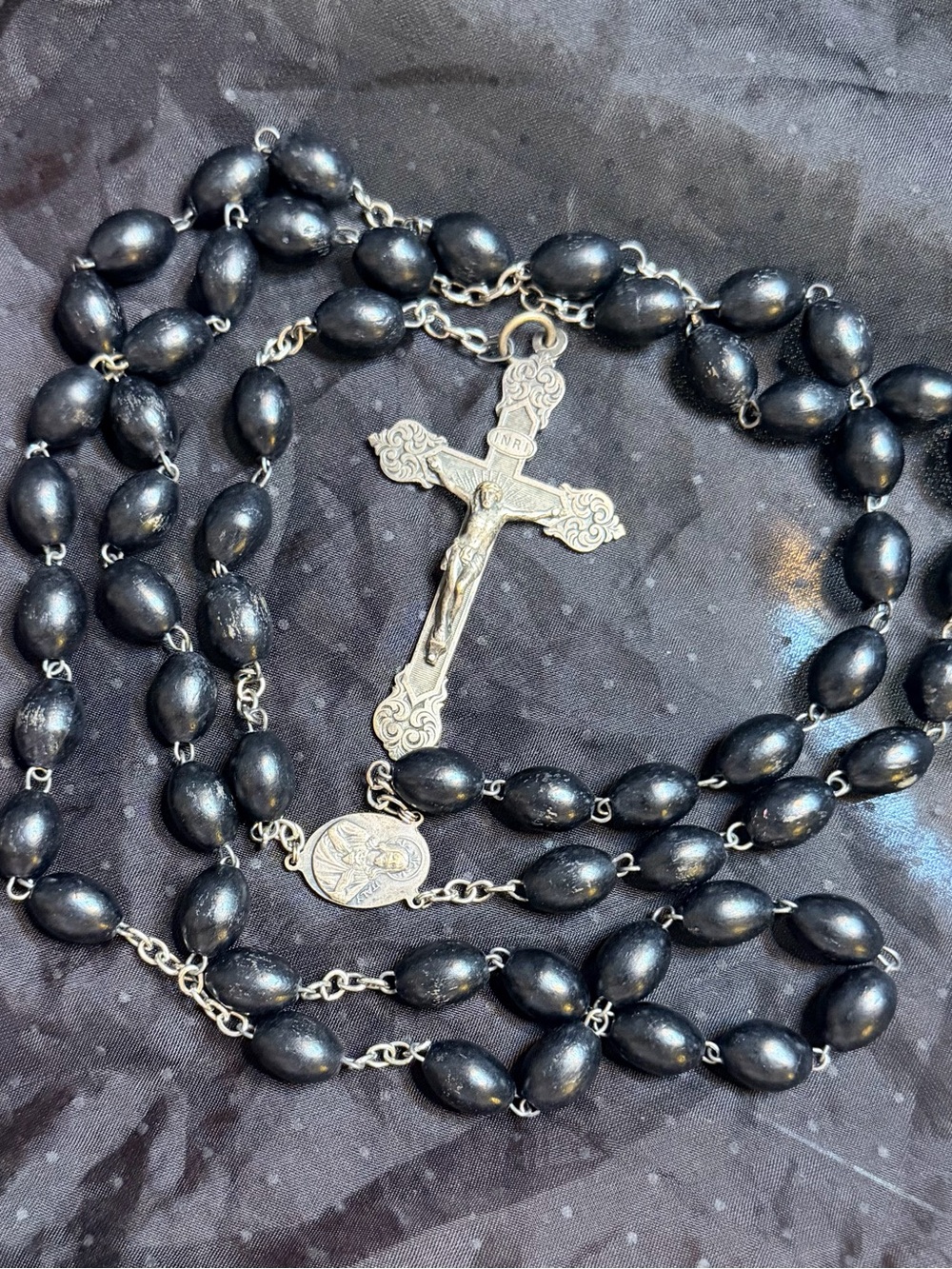 Black Beaded Rosary Necklace with Silver Crucifix